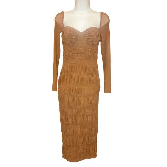 SELF-PORTRAIT Shirred Long Sleeve Midi-Dress in Caramel NWT Size 2 - Picture 7 of 11